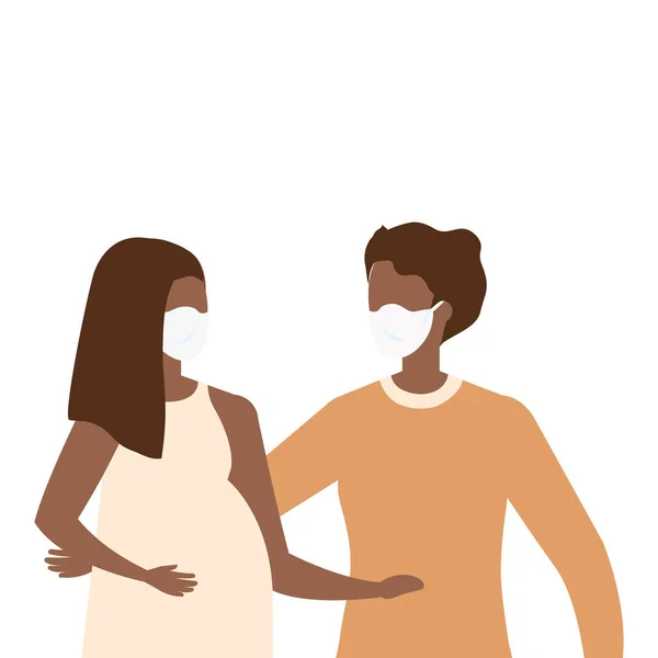 Coppia gravidanza afro utilizzando maschera viso — Vettoriale Stock