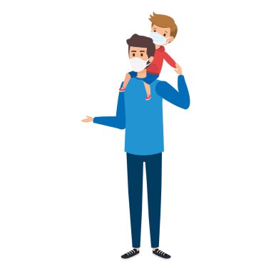 Baba oğul yüz maskesi kullanıyor.