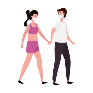 Yüz maskesi ikonu kullanan genç çift