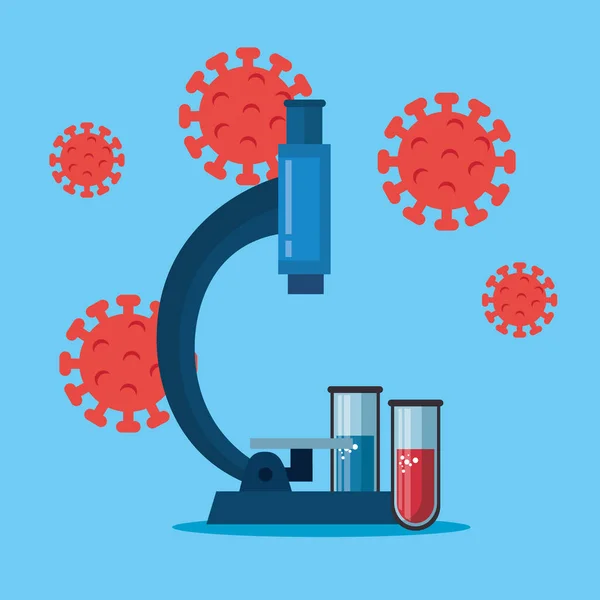 Microscopio con partículas de covid 19 y tubos de ensayo — Vector de stock