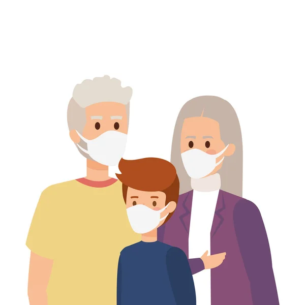 Grands-parents avec petit-enfant utilisant un masque facial — Image vectorielle