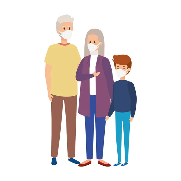 Großeltern mit Enkelkind mit Mundschutz — Stockvektor