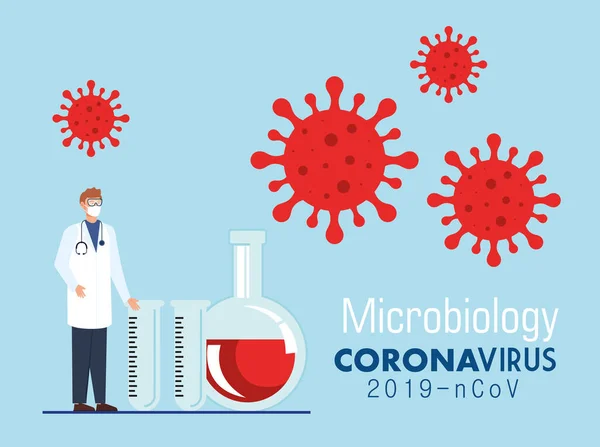 Doktor ve tüp testleriyle covid 19 için mikrobiyoloji — Stok Vektör