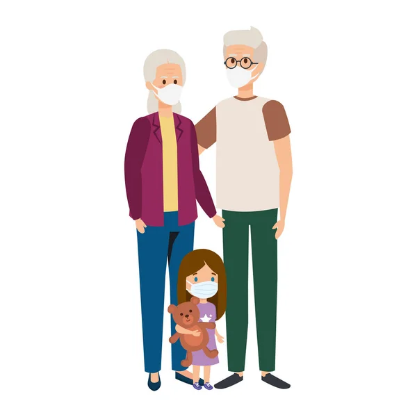 Mor- och farföräldrar med barnbarn som använder ansiktsmask — Stock vektor