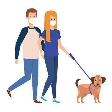Genç çift köpekle birlikte yüz maskesi takıyor.