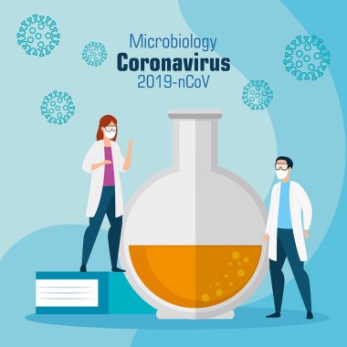 doktorlar ve tüp testi parçacıklar covid 19 simgesi