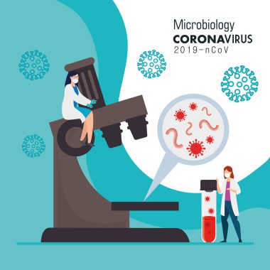 Kadın doktorlar ve mikroskop ile covid 19 için mikrobiyoloji