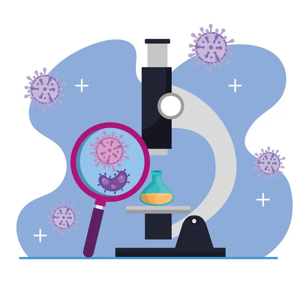 Microscope with particles of covid 19 in magnifying glass and tube test — Stock Vector