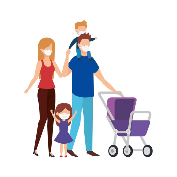 Ouders met kinderen met gezichtsmasker met babywagen — Stockvector