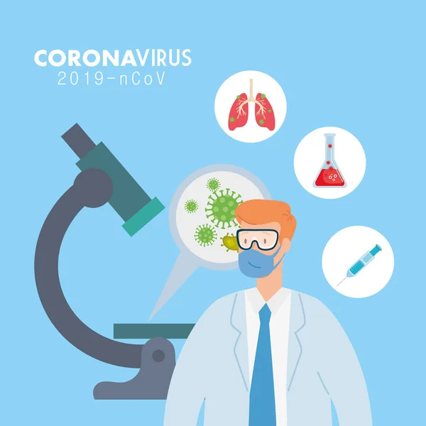 Particules covid 19 avec médecin en utilisant un masque facial et des icônes médicales — Image vectorielle