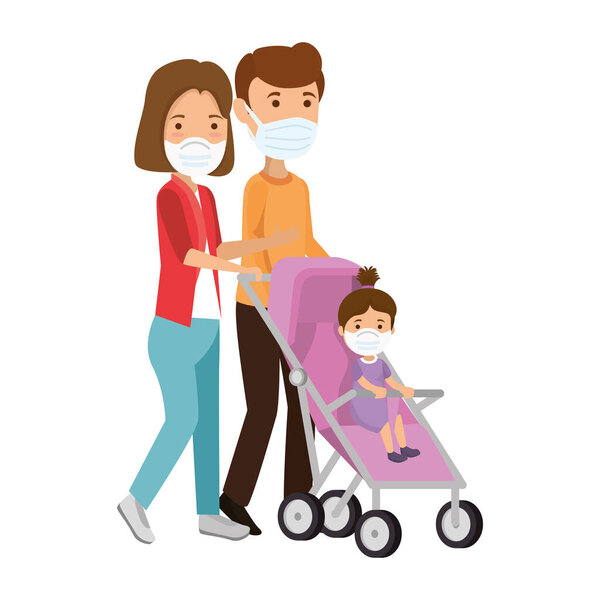 родители используют маску с дочерью в детской тележке
