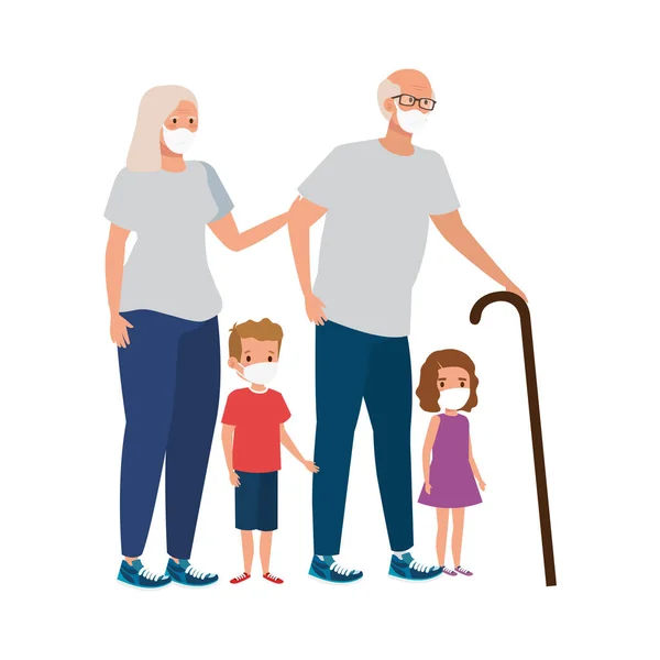 Großeltern mit Enkeln mit Gesichtsmaske — Stockvektor