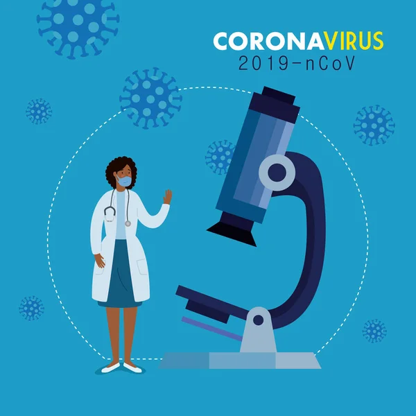 Γιατρός θηλυκό afro με μικροσκόπιο και σωματίδια covid 19 — Διανυσματικό Αρχείο