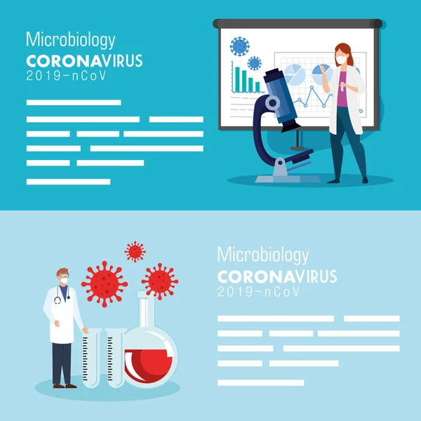 Set póster de microbiología para covid 19 e iconos médicos — Archivo Imágenes Vectoriales