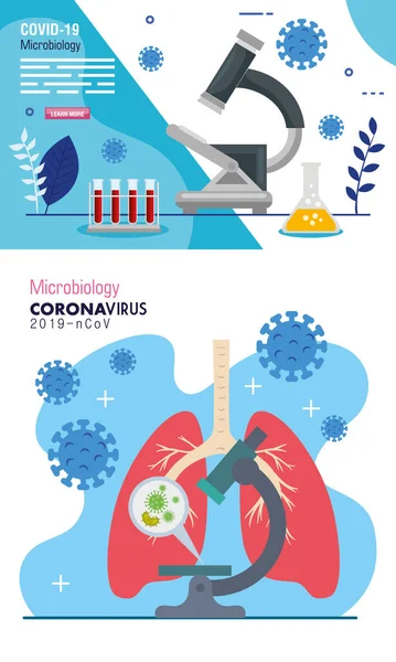 Covid 19 ve tıbbi simgeler için mikrobiyoloji posterini ayarla — Stok Vektör