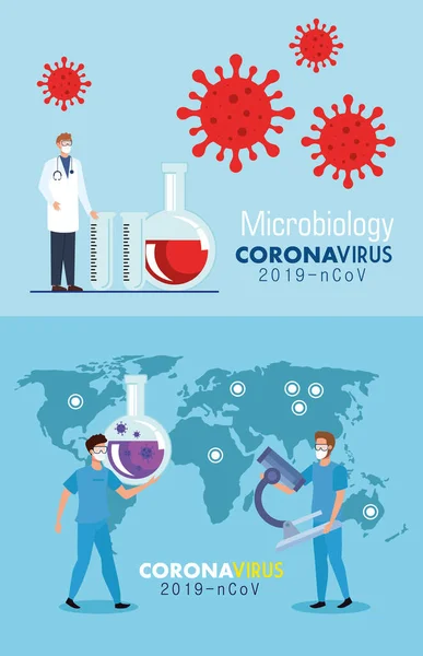 Set plakát mikrobiologie pro covid 19 a lékařské ikony — Stockový vektor