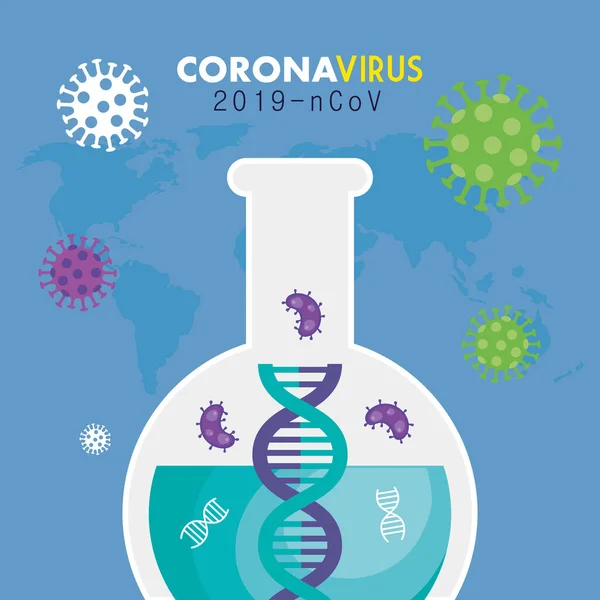 Röhrentest mit Partikeln covid 19 und dna-Struktur — Stockvektor