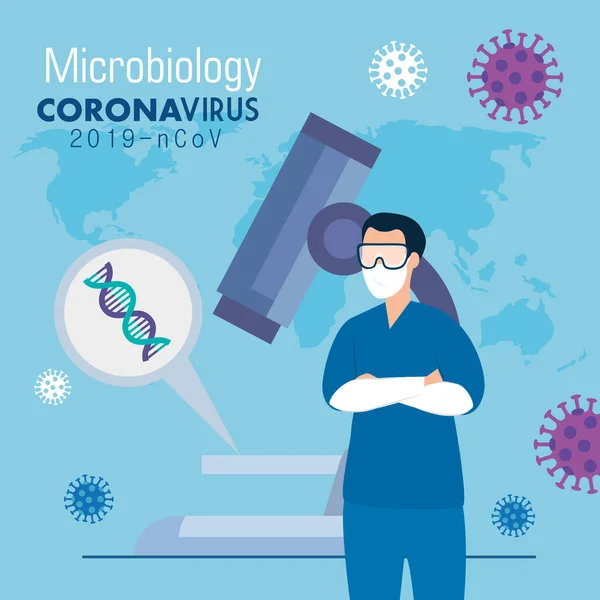 Microbiologie voor covid 19 met paramedische en medische iconen — Stockvector