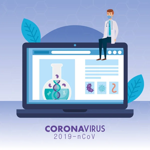 Arzt mit Medikament online durch Test von Covid 19 — Stockvektor
