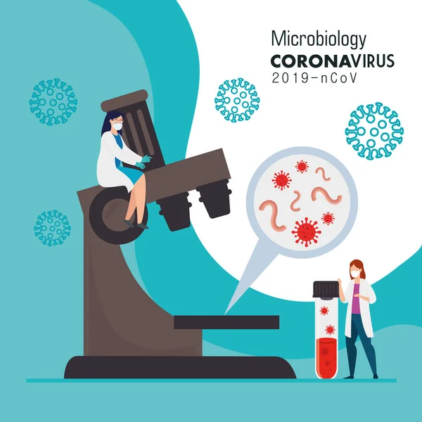 Microbiología para covid 19 con médicos mujeres y microscopio — Vector de stock