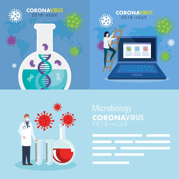 Set Poster der Mikrobiologie für Covid 19 und medizinische Ikonen — Stockvektor
