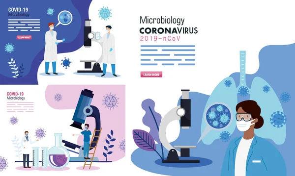 Set plakát mikrobiologie pro covid 19 a lékařské ikony — Stockový vektor