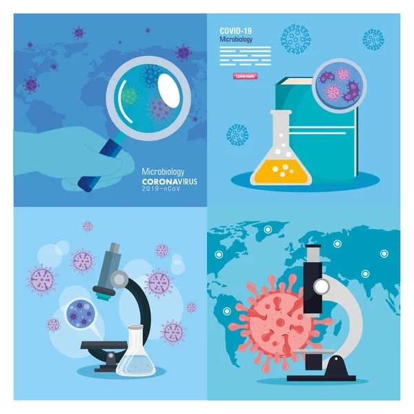 Set affisch för mikrobiologi för covid 19 och medicinska ikoner — Stock vektor