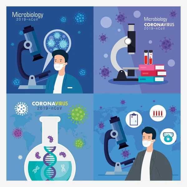 Zestaw plakat mikrobiologii do covid 19 i ikon medycznych — Wektor stockowy