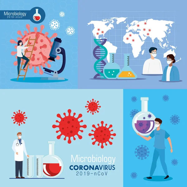 Set poster van microbiologie voor covid 19 en medische iconen — Stockvector