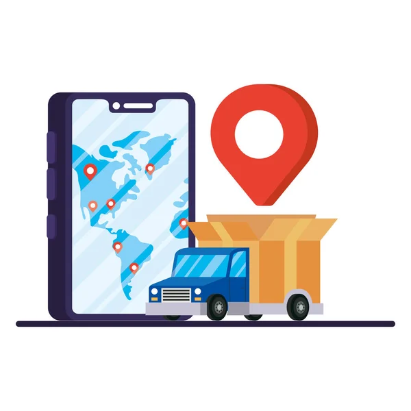 Smartphone con servizio di consegna camion — Vettoriale Stock