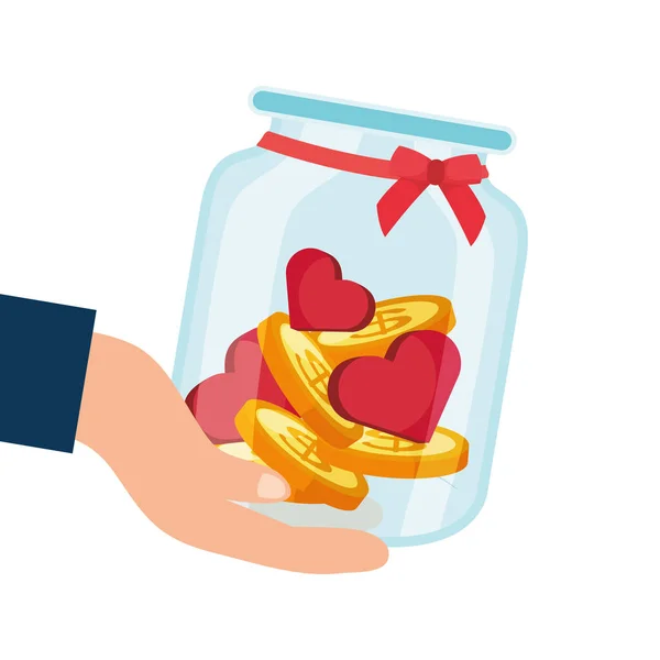 Frasco de doação de caridade com corações e moedas — Vetor de Stock