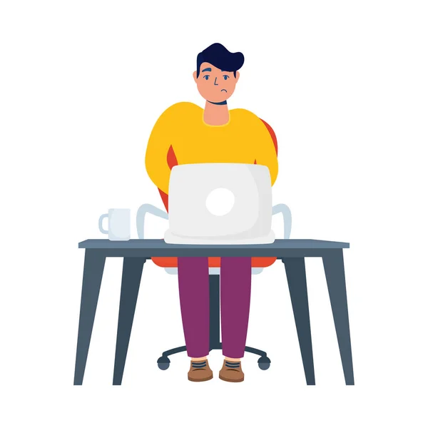 Jeune homme travaillant avec ordinateur portable dans le bureau — Image vectorielle