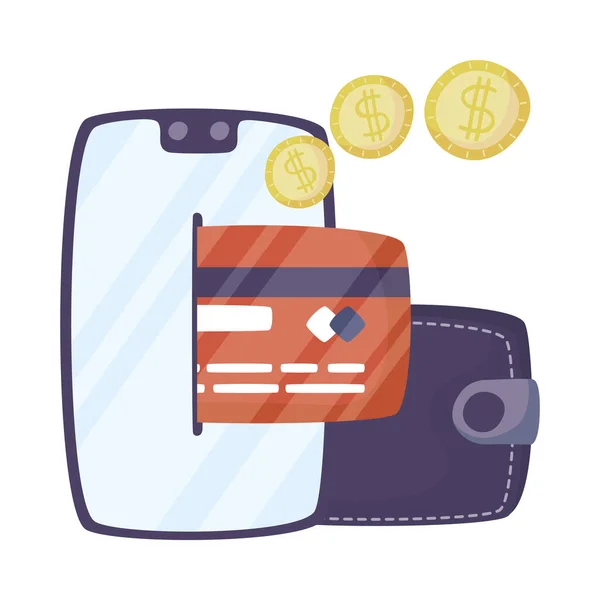 Smartphone con billetera y tarjeta de crédito — Vector de stock
