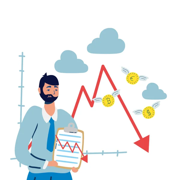 Bisnis pria elegan dengan panah statistik dan koin terbang - Stok Vektor