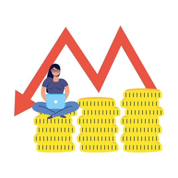 Geschäftsfrau arbeitet in Laptop und Pfeilgeldstatistik — Stockvektor