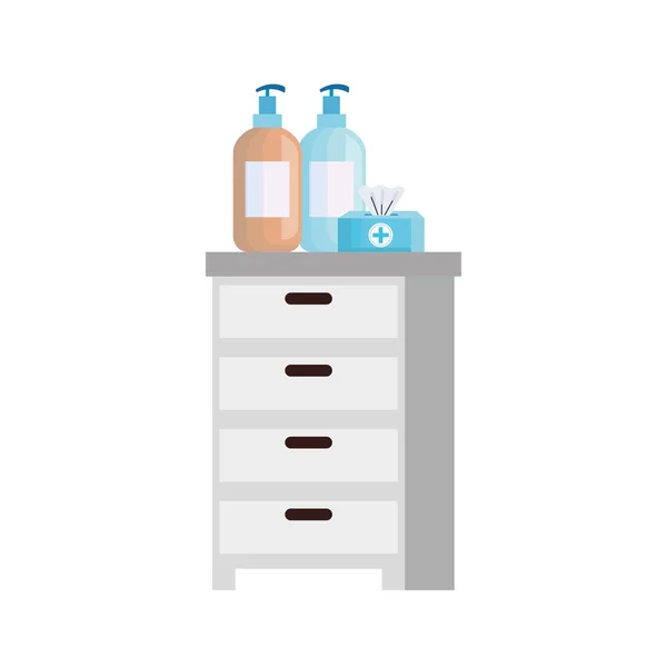 Gaveta com desinfetante garrafas e caixa de tecido — Vetor de Stock