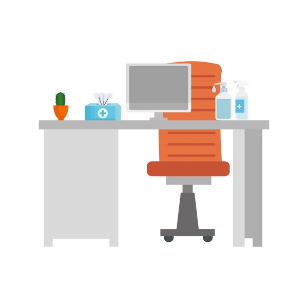 Scène van de werkplek met bureau en apparatuur — Stockvector