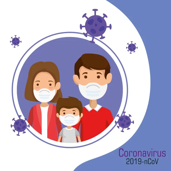 Parents avec fils utilisant masque facial et particules 2019 ncov — Image vectorielle