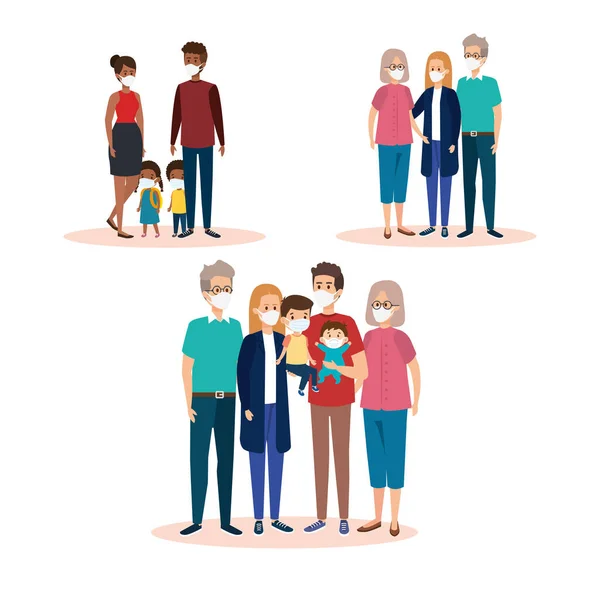 Set scenes of families using face mask — Stock Vector