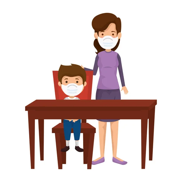 Mother with son using face mask in wooden table — Stock Vector