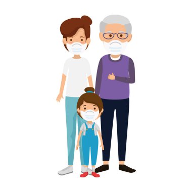 Anne, büyükbaba ve kızıyla yüz maskesi kullanıyor.