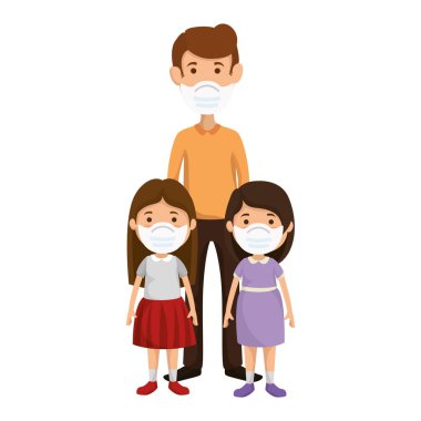 Baba ve kızları yüz maskesi kullanıyor.