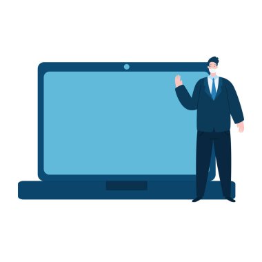 Dizüstü bilgisayarda izole edilmiş simgeyle yüz maskesi kullanan işadamı