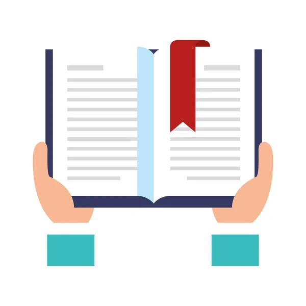 Mãos com livro de texto educação aberta — Vetor de Stock