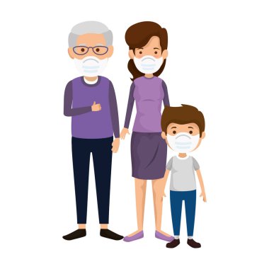 Anne ve büyükbaba ve oğul yüz maskesi takıyor.