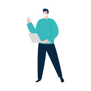 Laptop izole edilmiş simge ile yüz maskesi kullanan adam