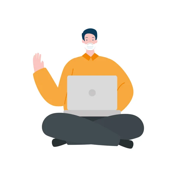 Man using face mask with laptop isolated icon — Stock Vector