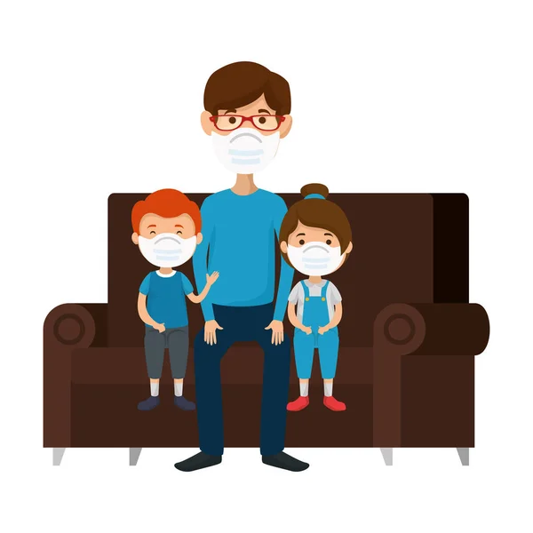 Father with children using face mask sitting in couch — Stock Vector