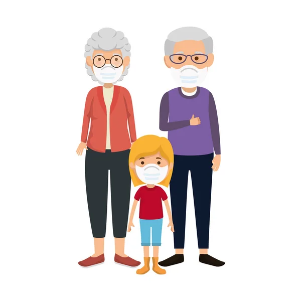 Mor- och farföräldrar med barnbarn som använder ansiktsmask — Stock vektor