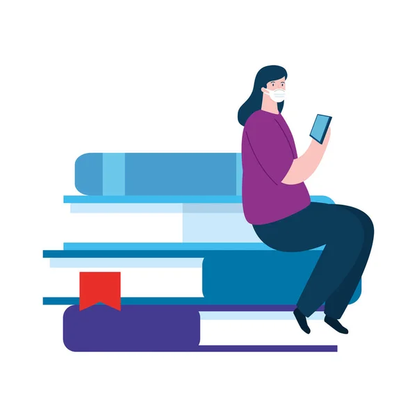 Γυναίκα που σπουδάζει online κάθεται σε βιβλία σωρό — Διανυσματικό Αρχείο